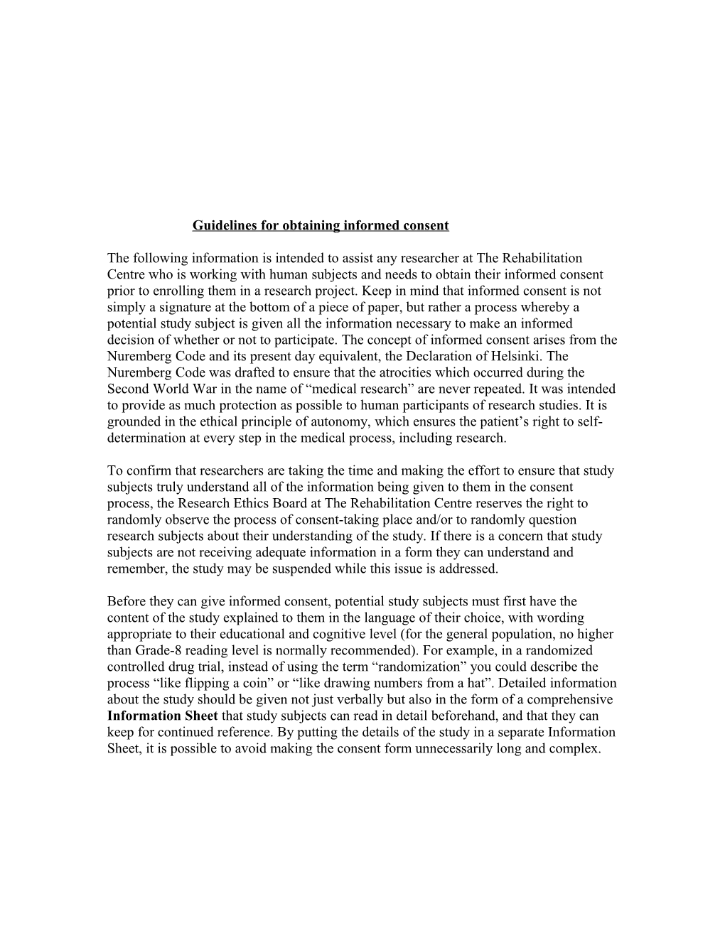 Outline for Researchers on Obtaining Informed Consent from Potential Study Participants