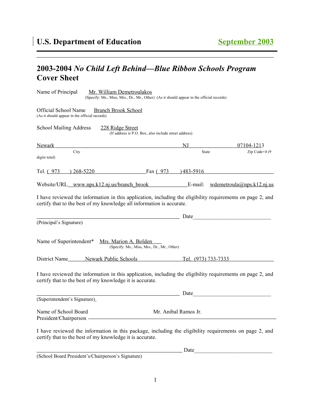 Branch Brook Elementary School 2004 No Child Left Behind-Blue Ribbon School Application (Msword)