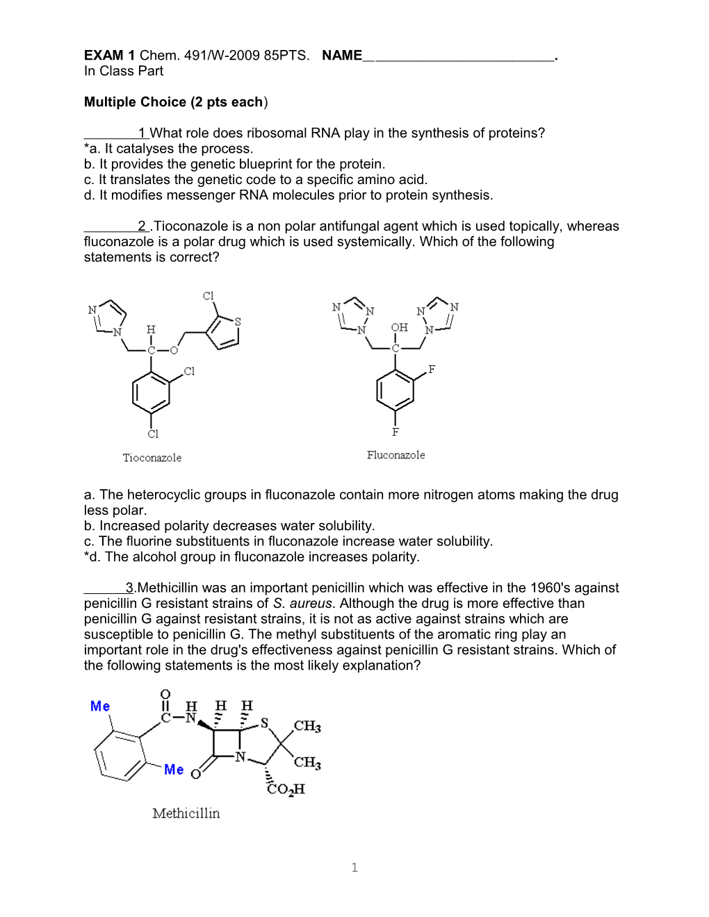 EXAM 1 Chem. 491/W-2009 85PTS. NAME