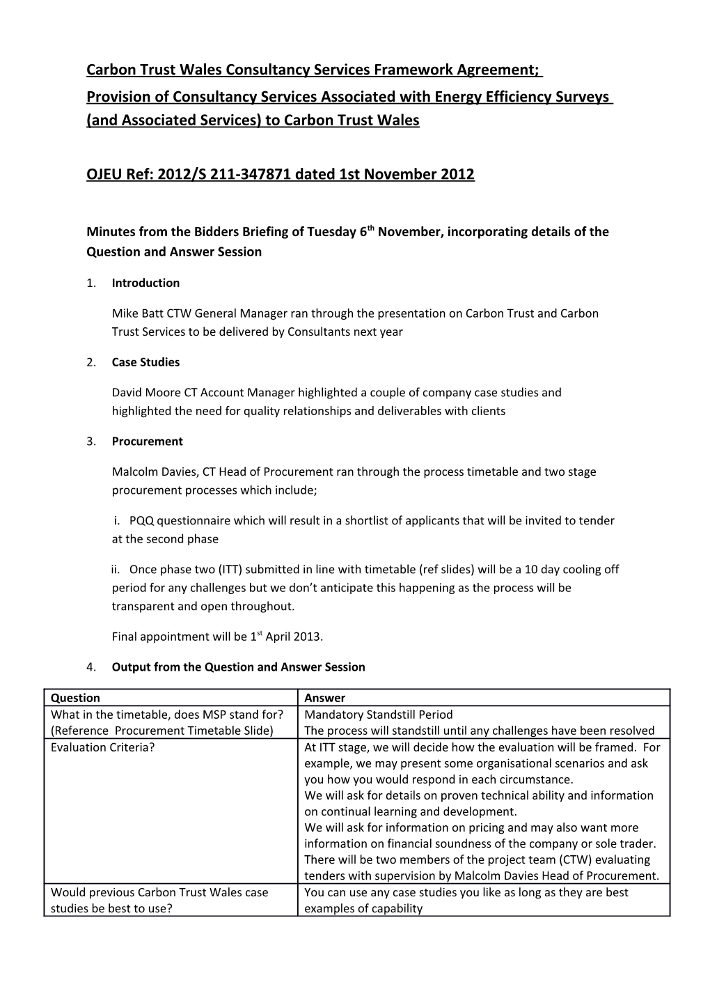 Carbon Trust Wales Consultancy Services Framework Agreement;