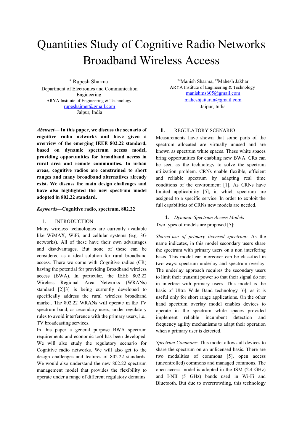 Quantities Study of Cognitive Radio Networks Broadband Wireless Access