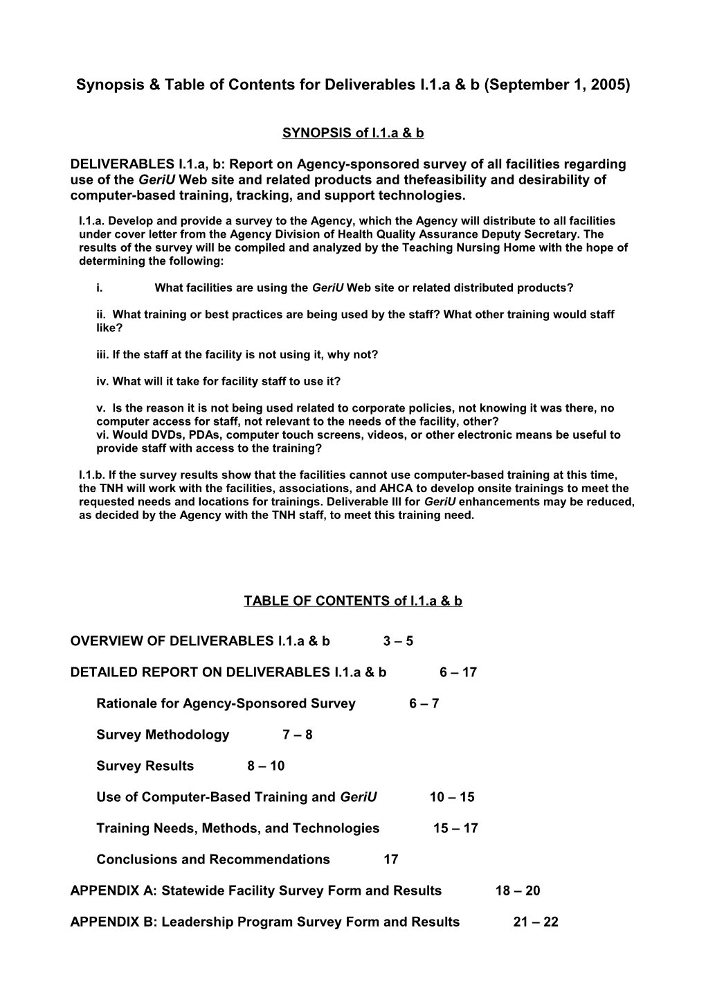 Synopsis & Table of Contents for Deliverables I.1.A & B (September 1, 2005)