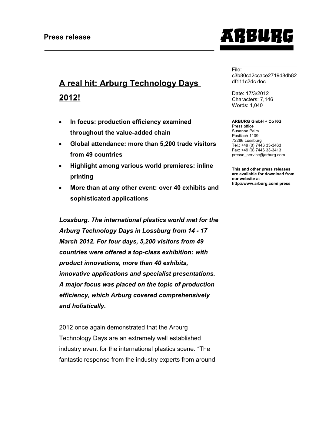 A Real Hit:Arburg Technology Days 2012!