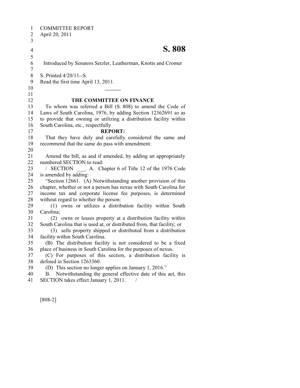 2011-2012 Bill 808: Requirement for Creating a Nexus with S.C. for Sales and Use Tax Purposes