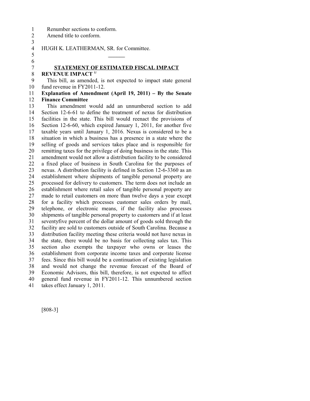 2011-2012 Bill 808: Requirement for Creating a Nexus with S.C. for Sales and Use Tax Purposes