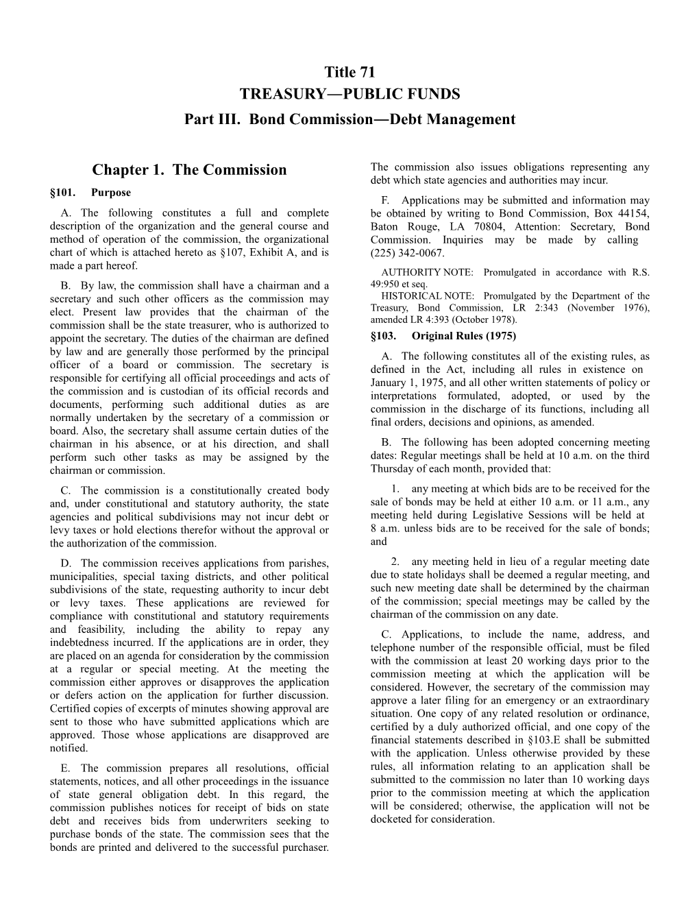 Part III. Bond Commission Debt Management