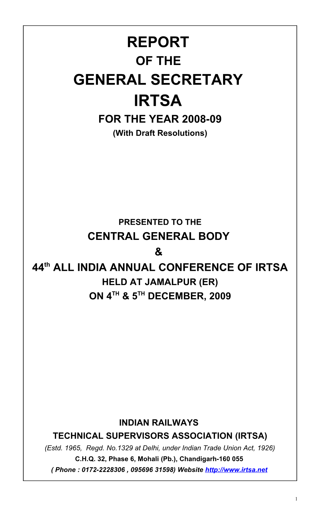 Report of the General Secretary, Irtsa, 2008-09