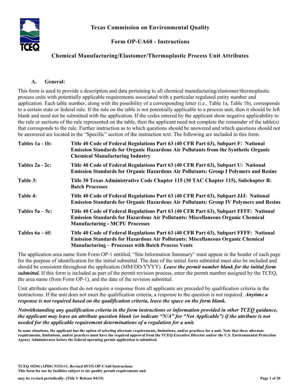 TCEQ-Form OP-UA60-Chemical Manufacturing/Eleastomer/Thermoplastic Process Unit Attributes