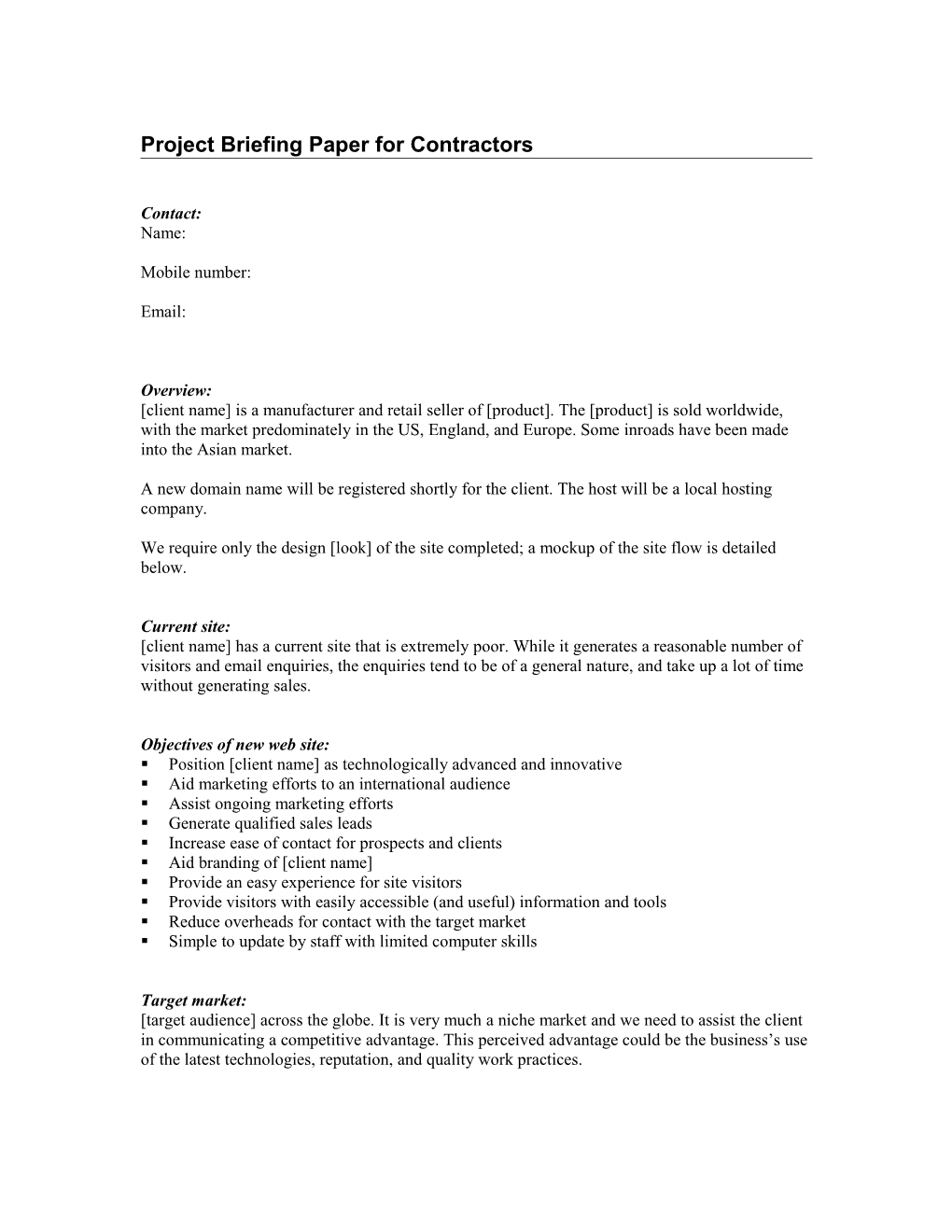 Project Briefing Paper for Contractors