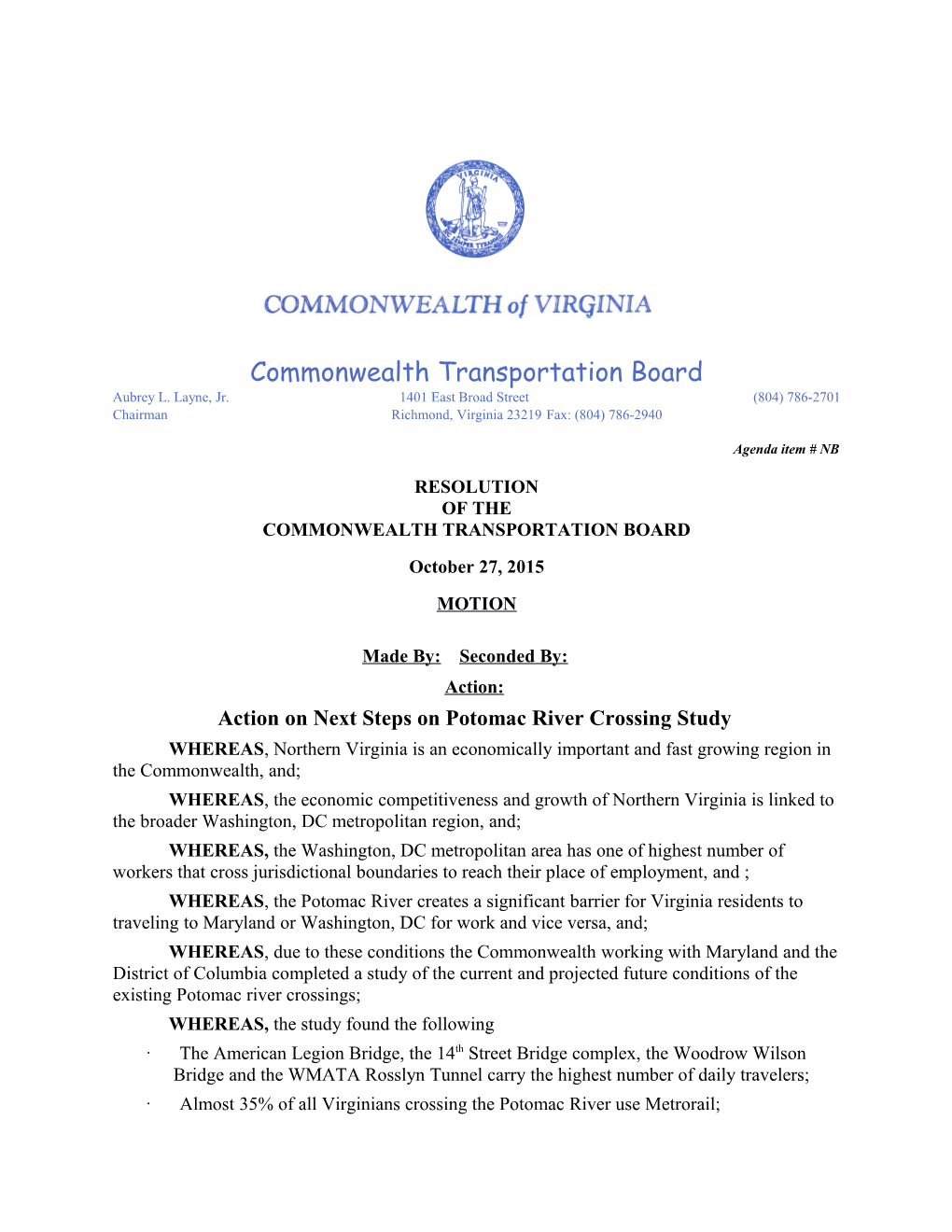 Resolution of the Commonwealth Transportation Board