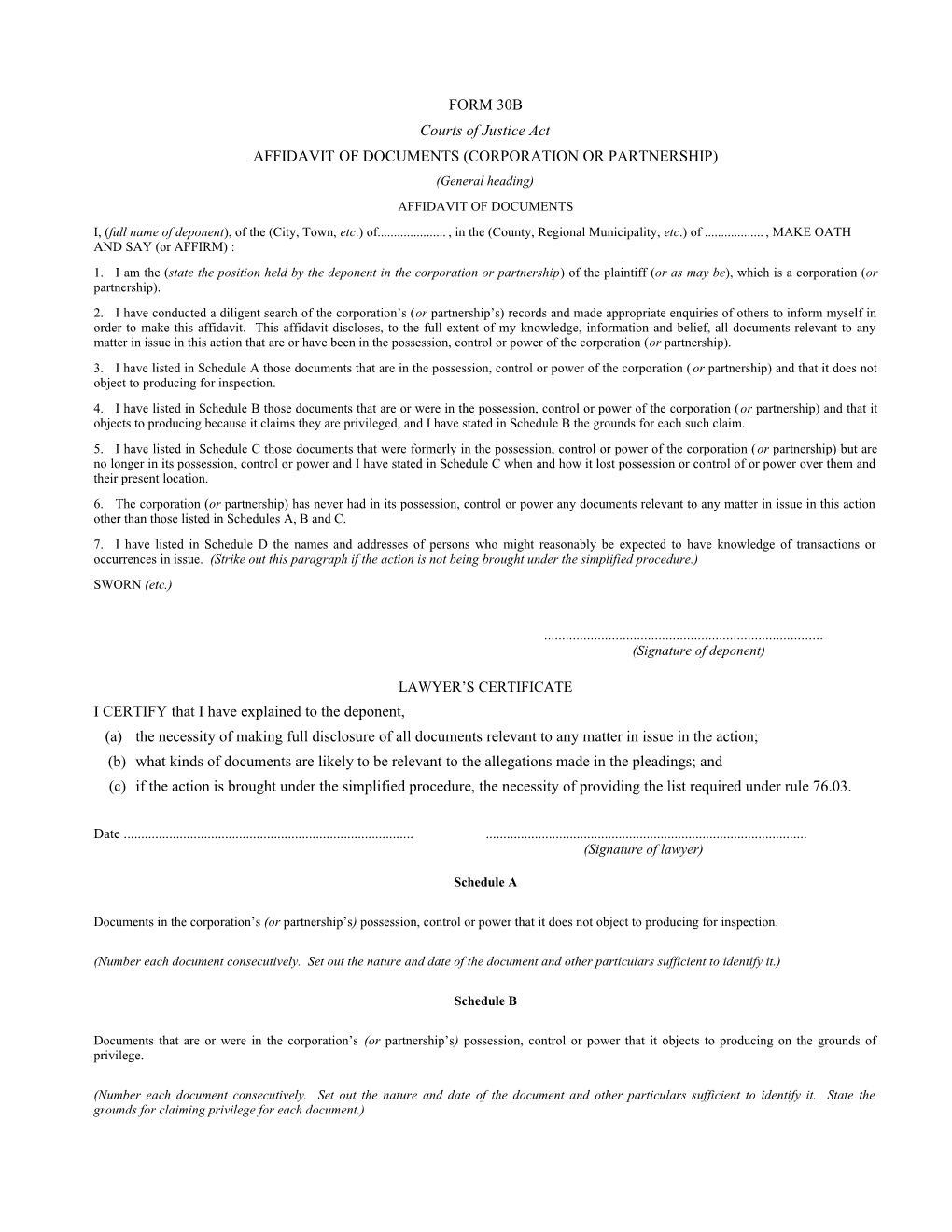Form 30B Affidavit of Documents (Corporation Or Partnership)