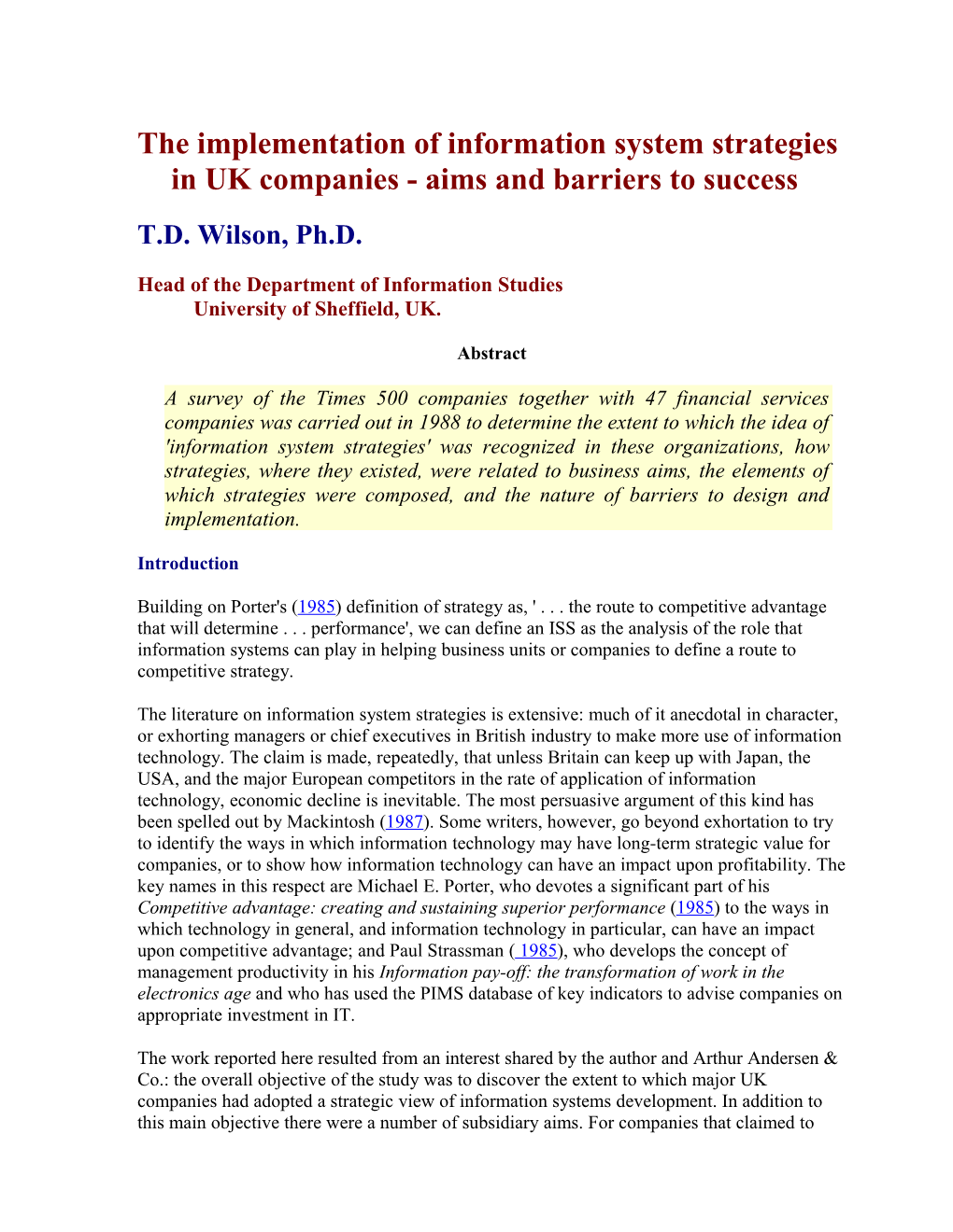 The Implementation of Information System Strategies in UK Companies - Aims and Barriers