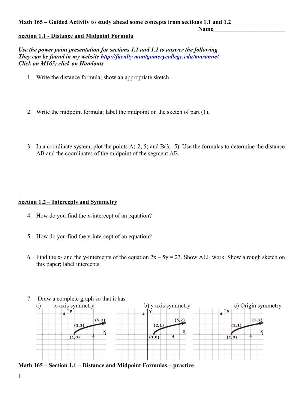 Math 165 Guided Activity to Study Ahead Some Concepts from Sections 1.1 and 1.2