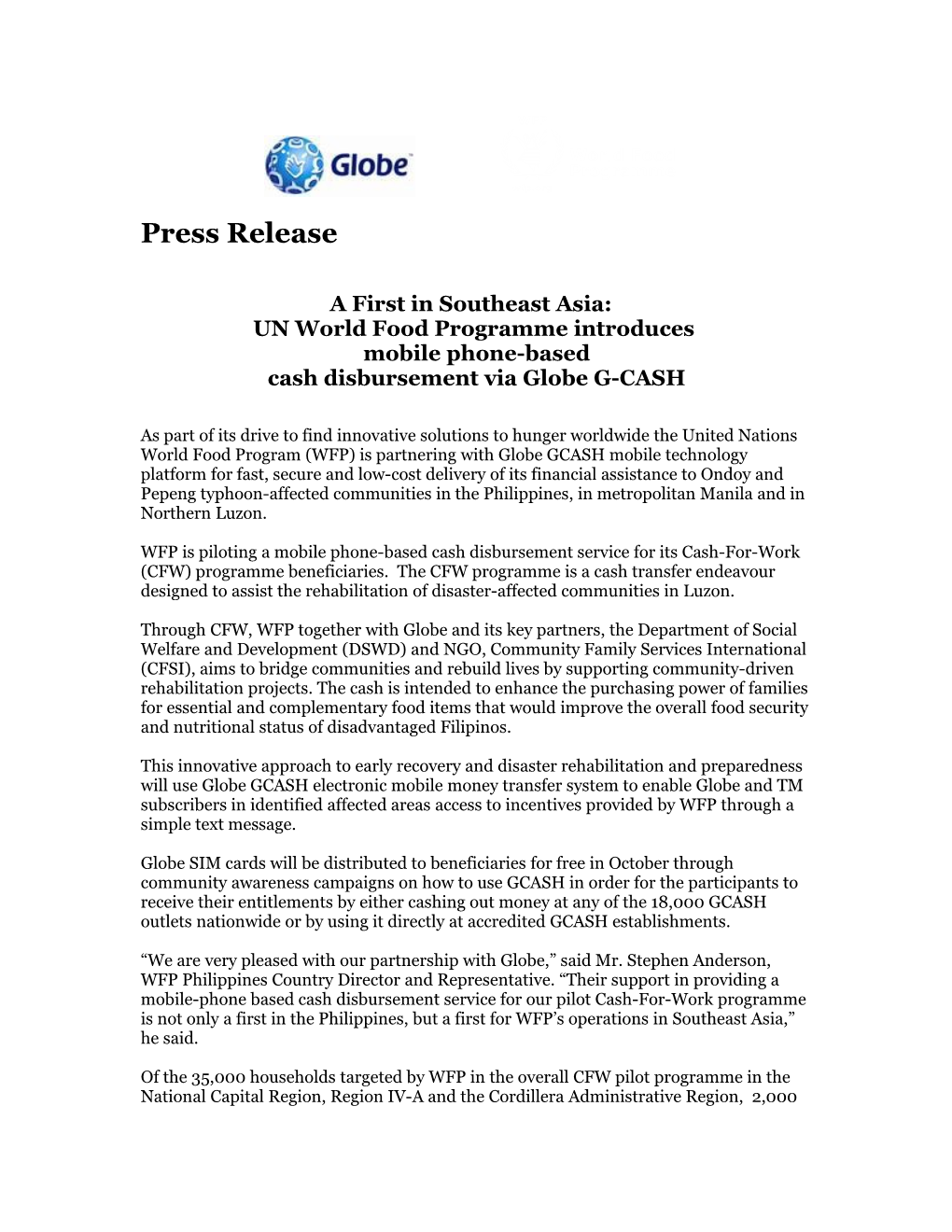 Globe, AFI, DSWD, WFP in Historic Partnership to Rehabilitate