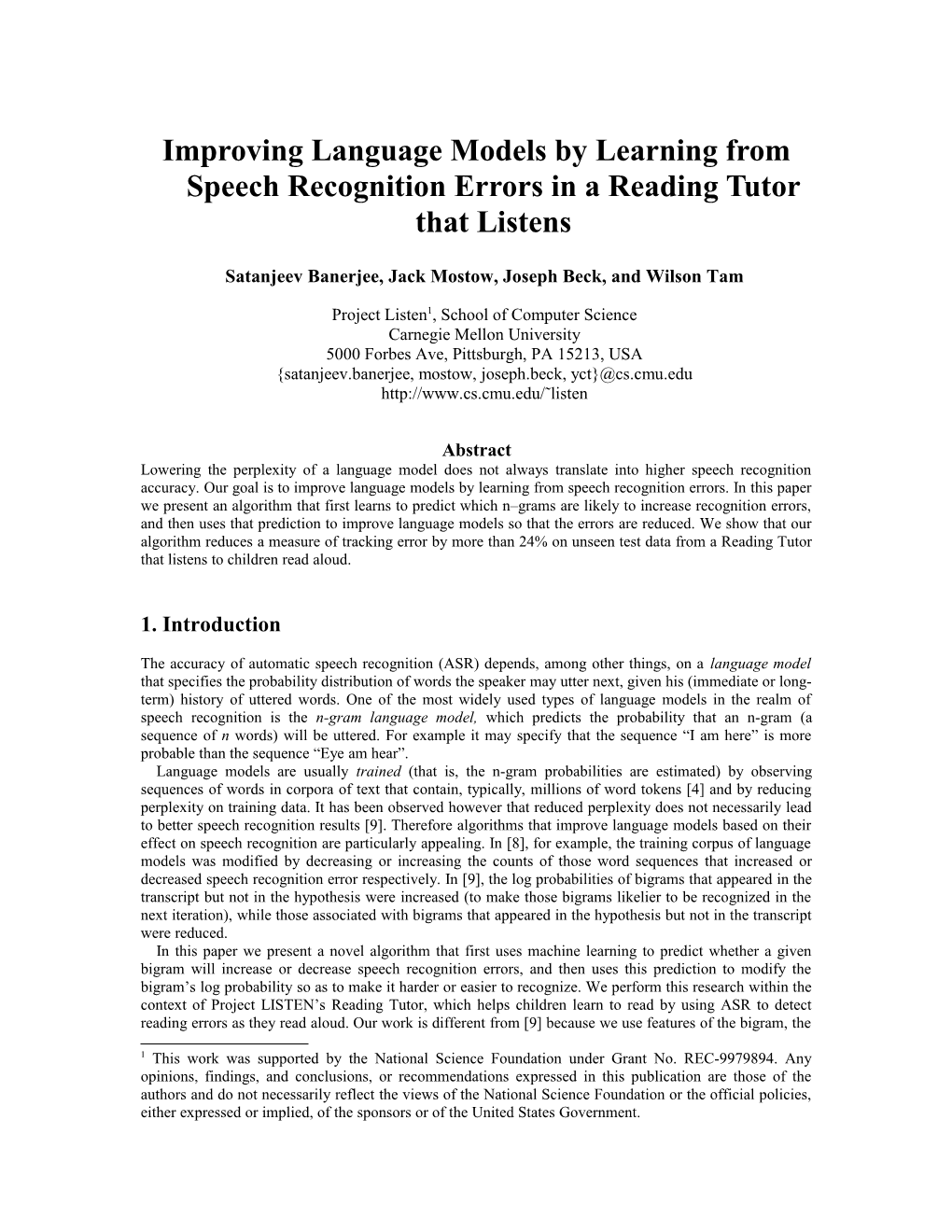 Improving Language Models by Learning from Speech Recognition Errors in a Reading Tutor