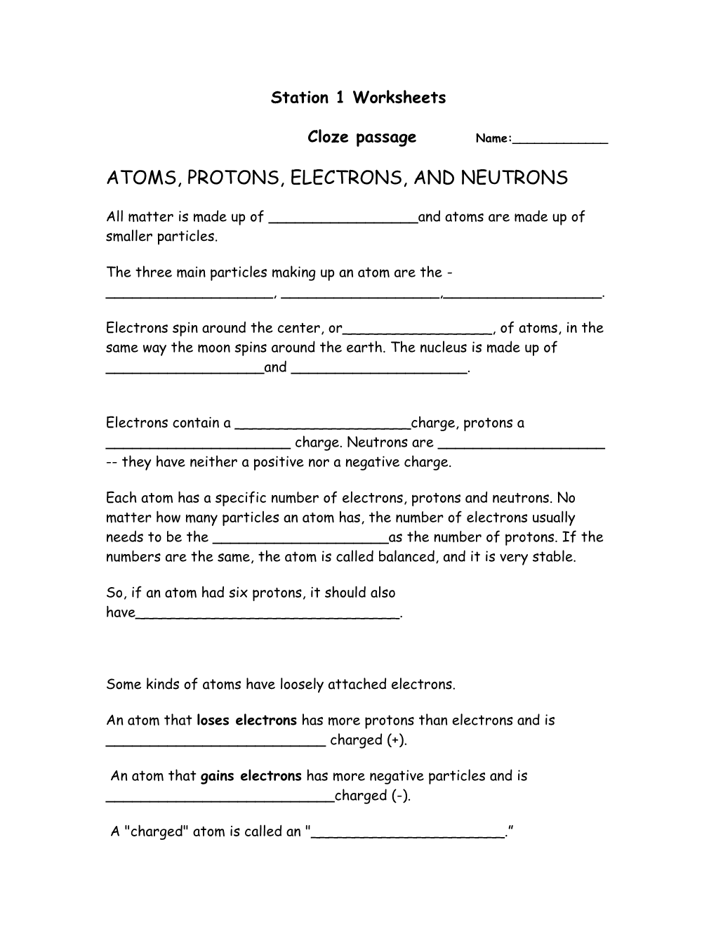 Station 1 Worksheet Cloze Passage