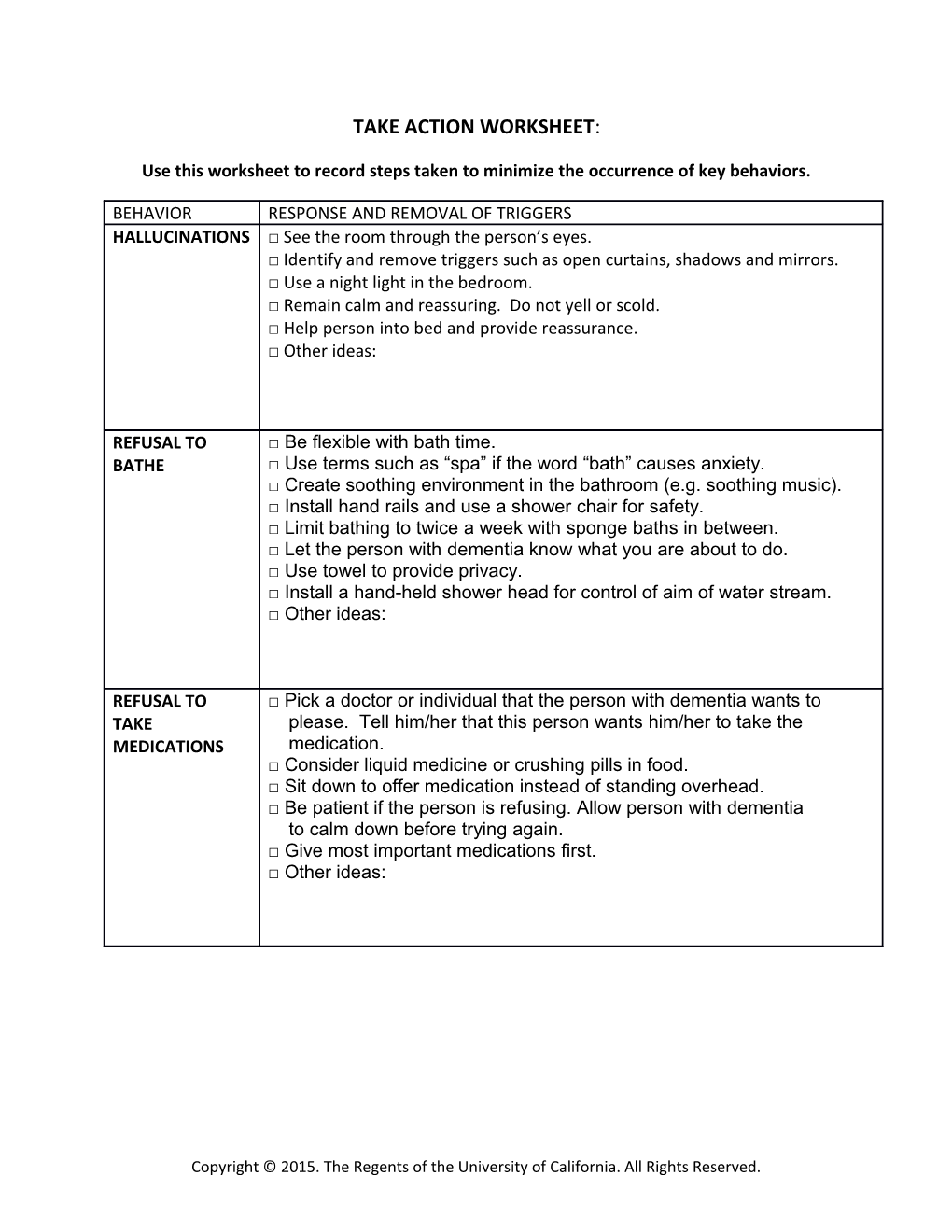 Use This Worksheet to Record Steps Taken to Minimize the Occurrence of Key Behaviors