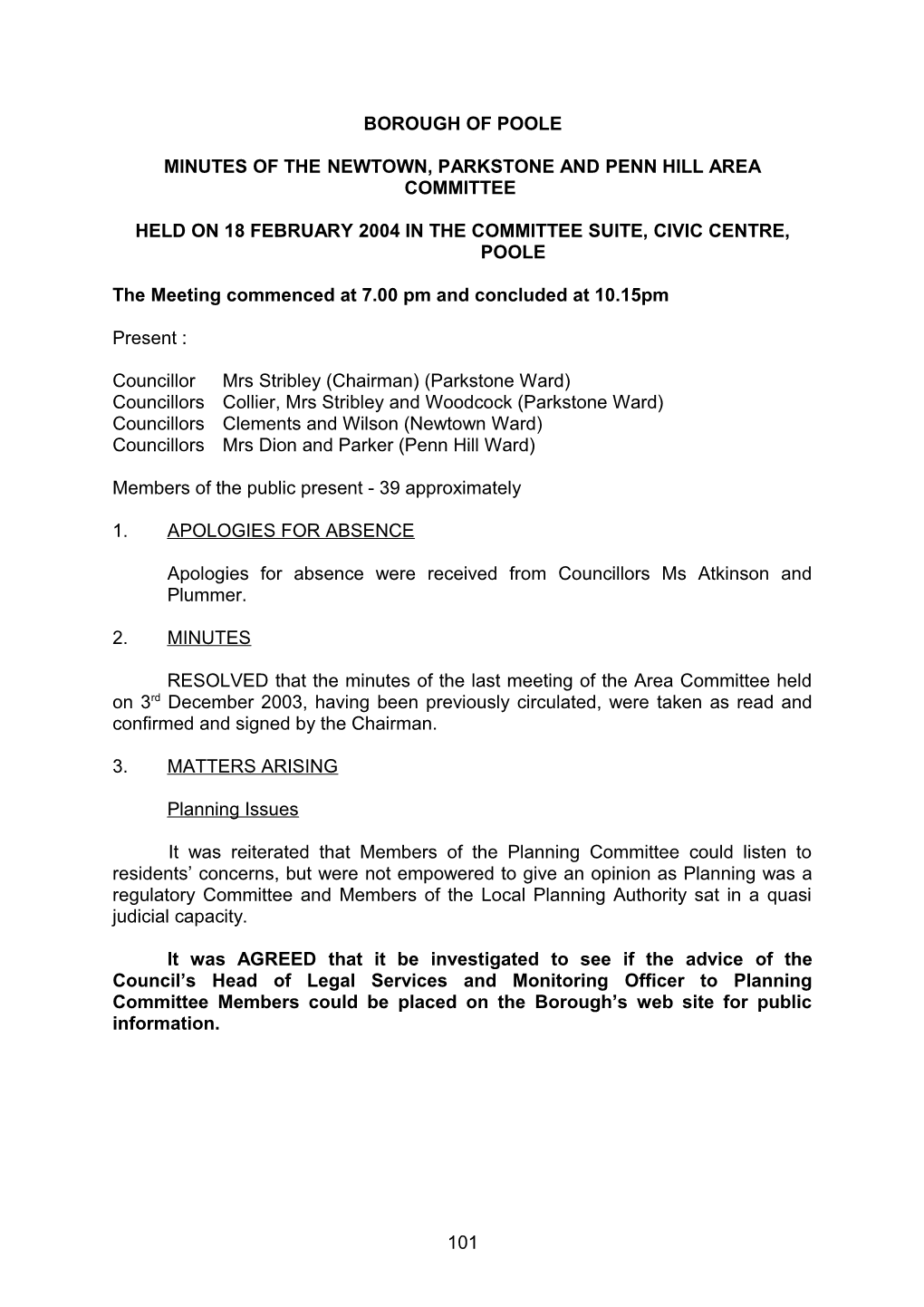 Minutes - Newtown Parkstone and Penn Hill Area Committee - 18 February 2004