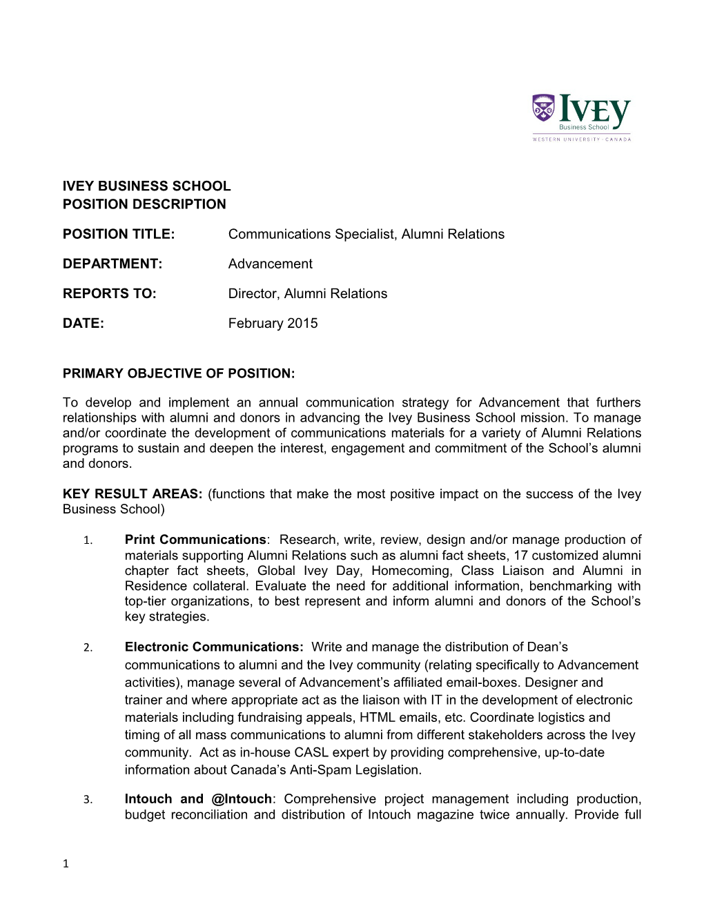 Ivey Business School Position Description