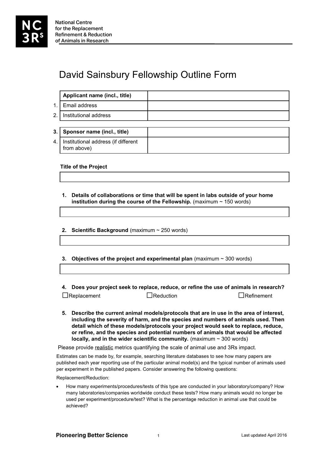 David Sainsbury Fellowshipoutline Form