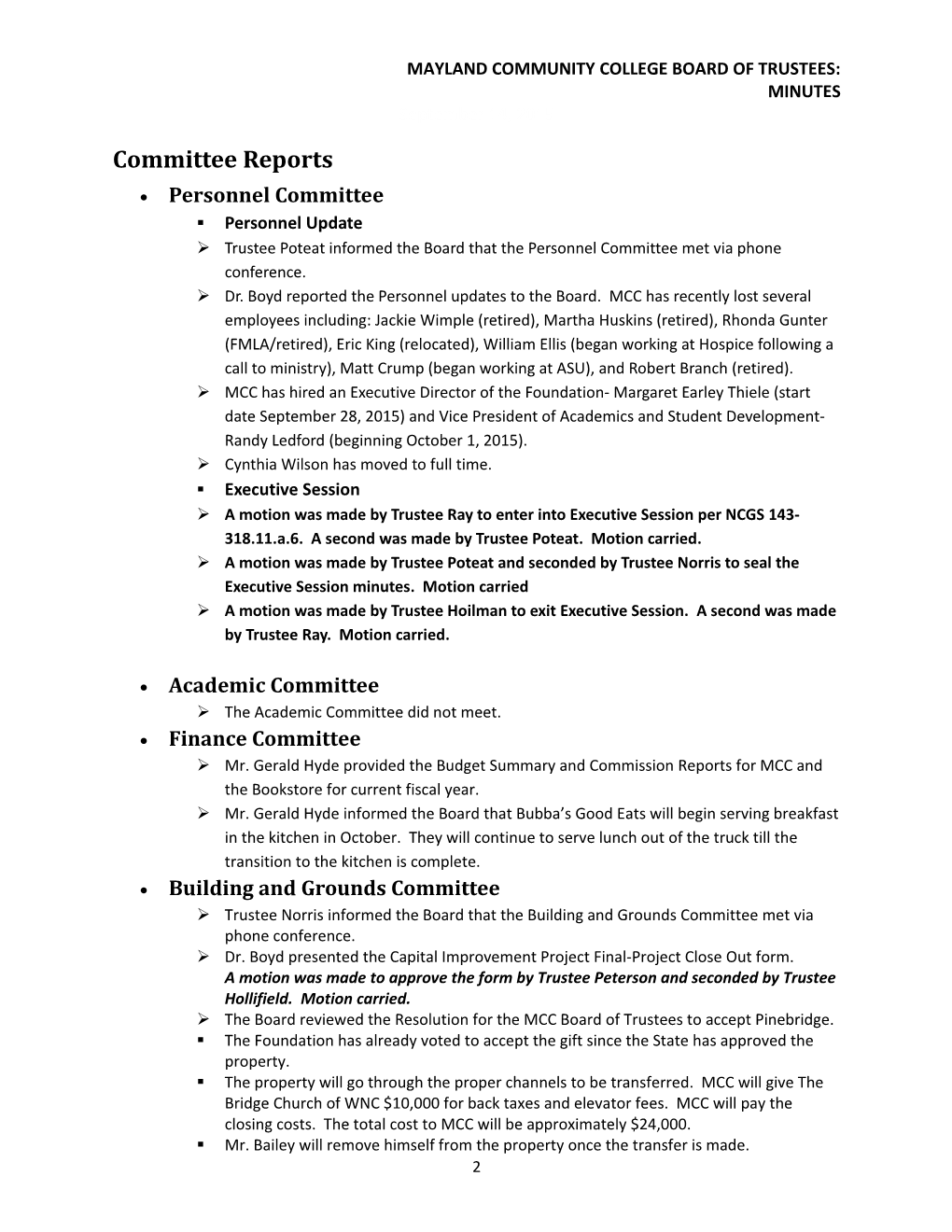 Mayland Community College Board of Trustees Minutes