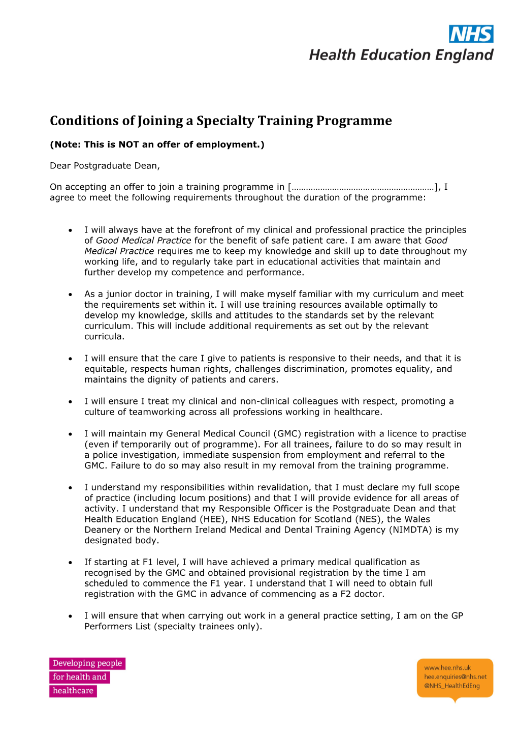 Conditions of Joining a Specialty Training Programme