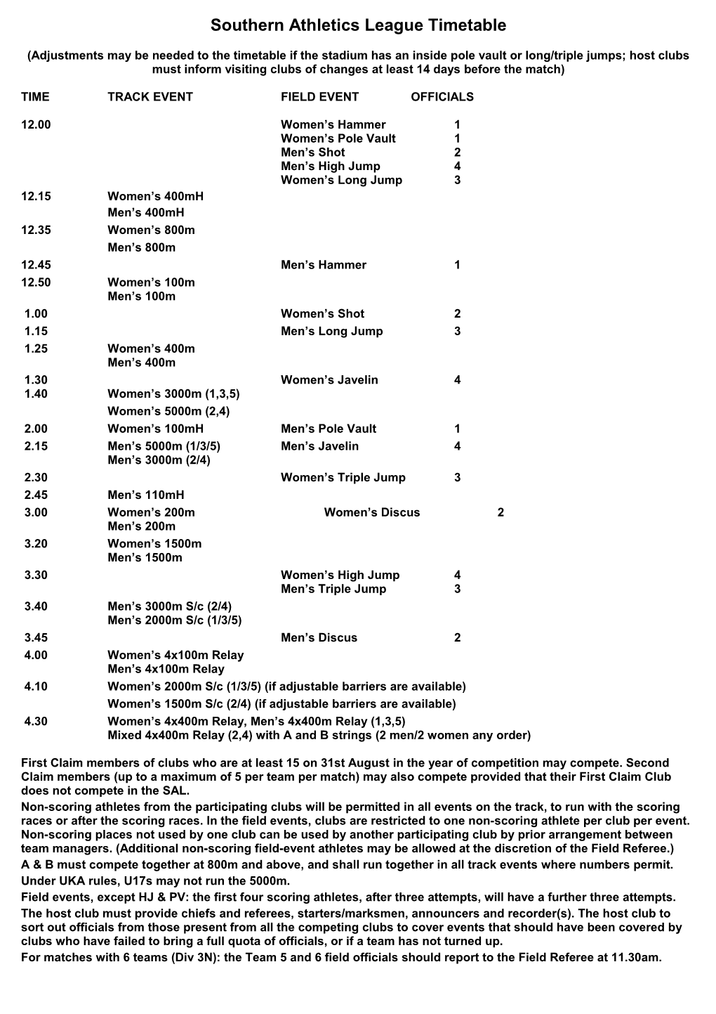 Southern Athletics League Timetable 2011 for a Four-Team Match