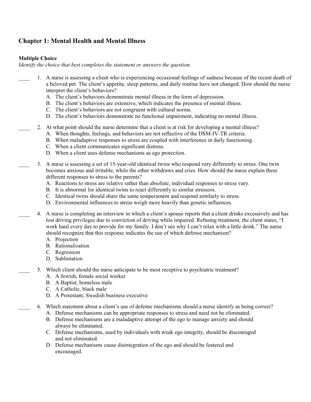 Chapter 1: Mental Health and Mental Illness