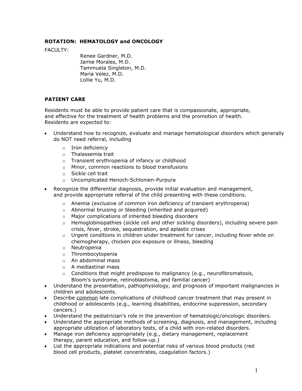 ROTATION: HEMATOLOGY and ONCOLOGY