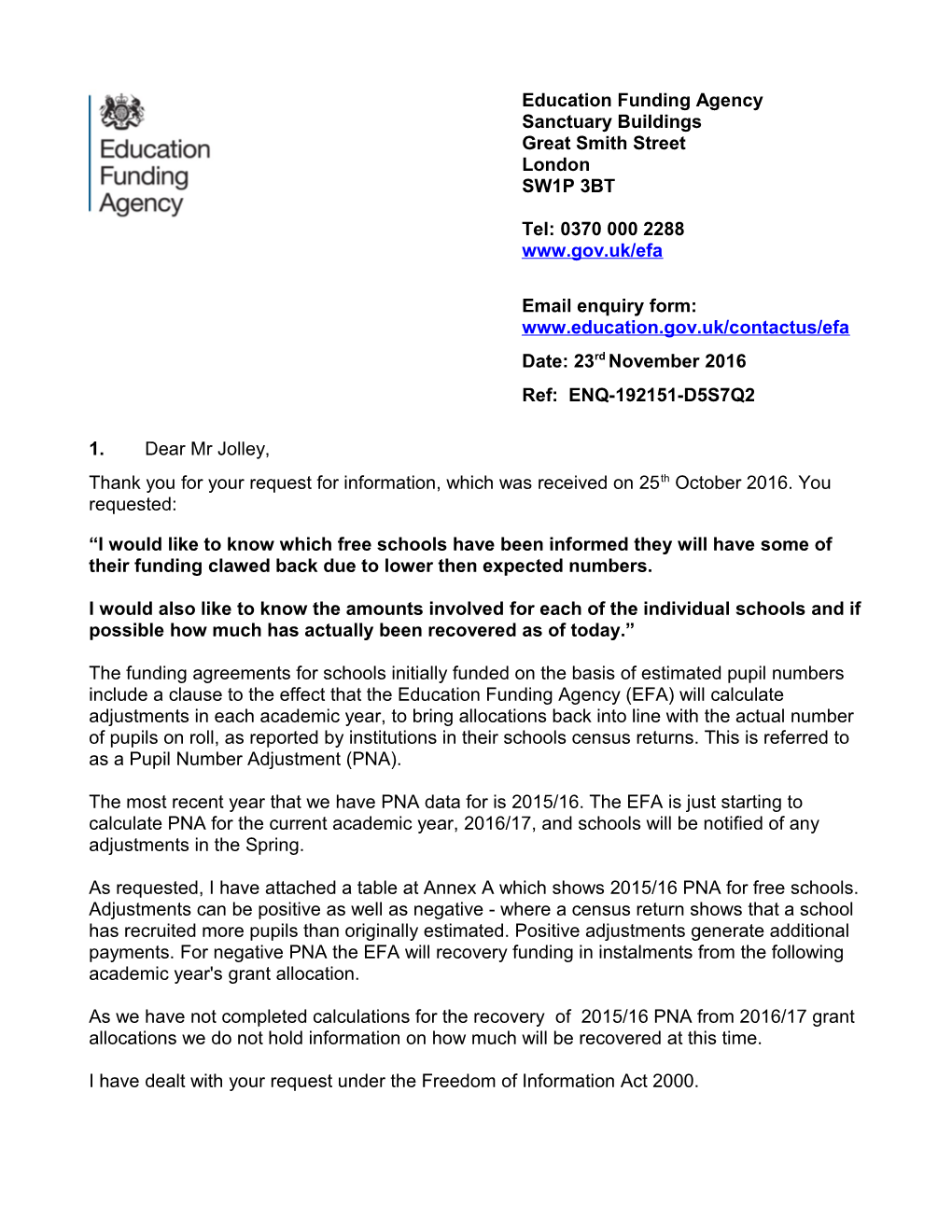 FOI CRM 005467368 Chris Powell Secondary School Average Funding