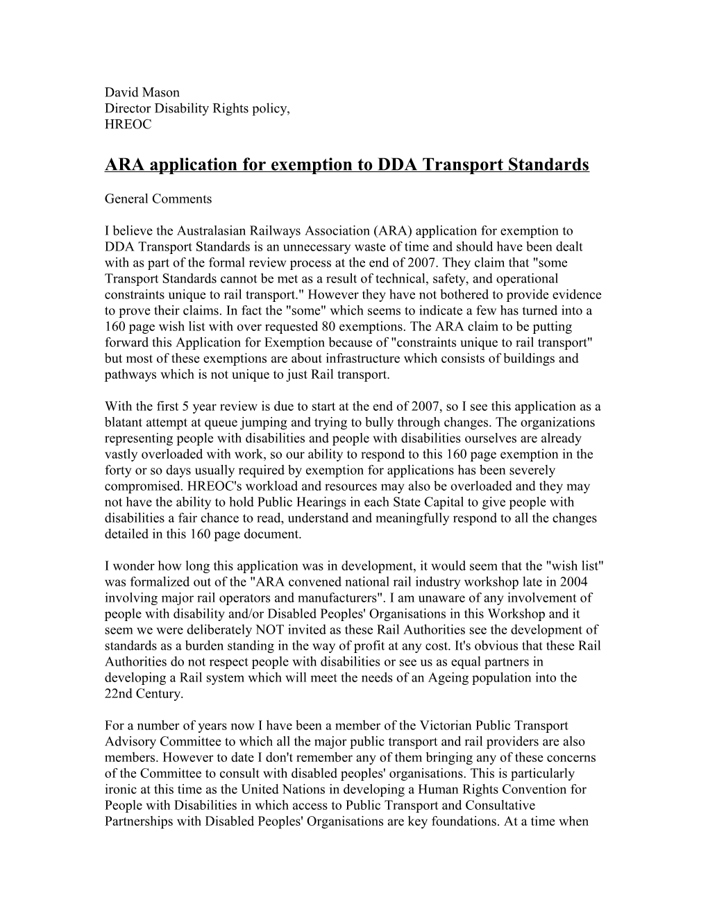 ARA Application for Exemption to DDA Transport Standards