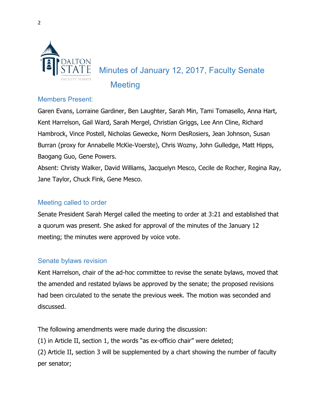 Minutes of January 12, 2017, Faculty Senate Meeting