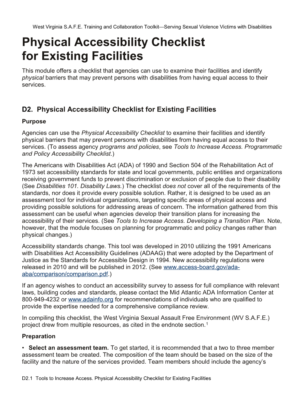 D2. Tools to Increase Access. Physical Accessibility Checklist for Existing Facilities