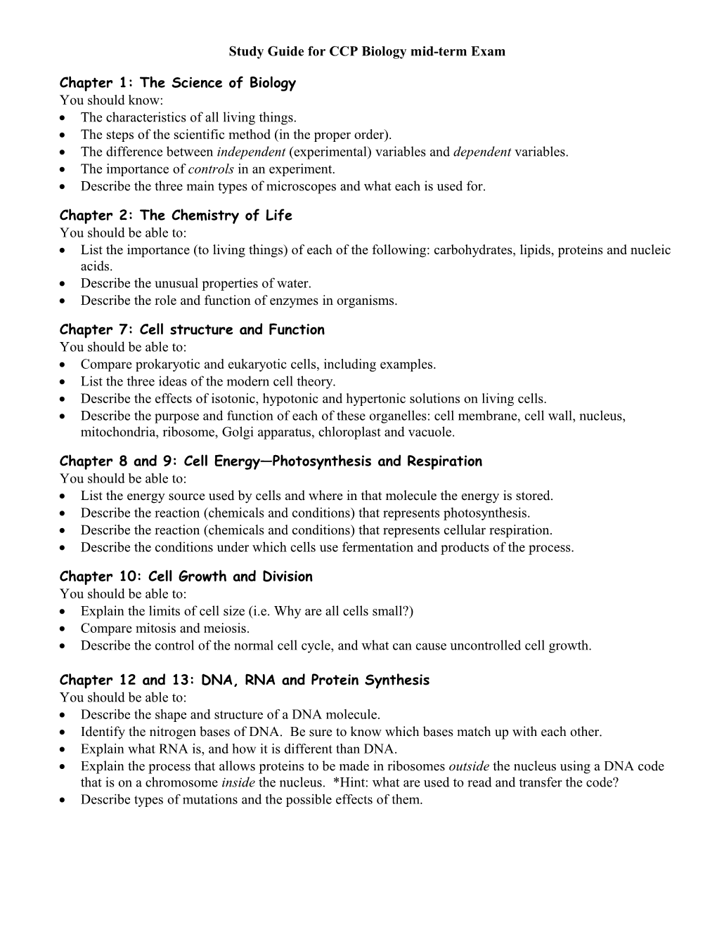 Study Guide for Biology Mid-Term Exam