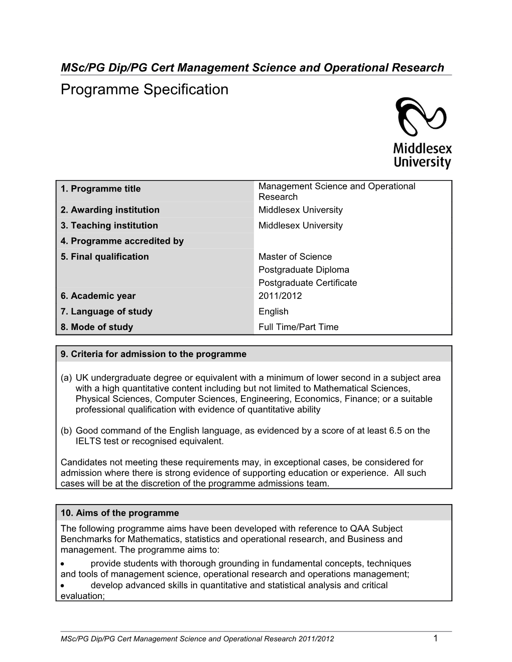 Msc/PG Dip/PG Cert Management Science and Operational Research