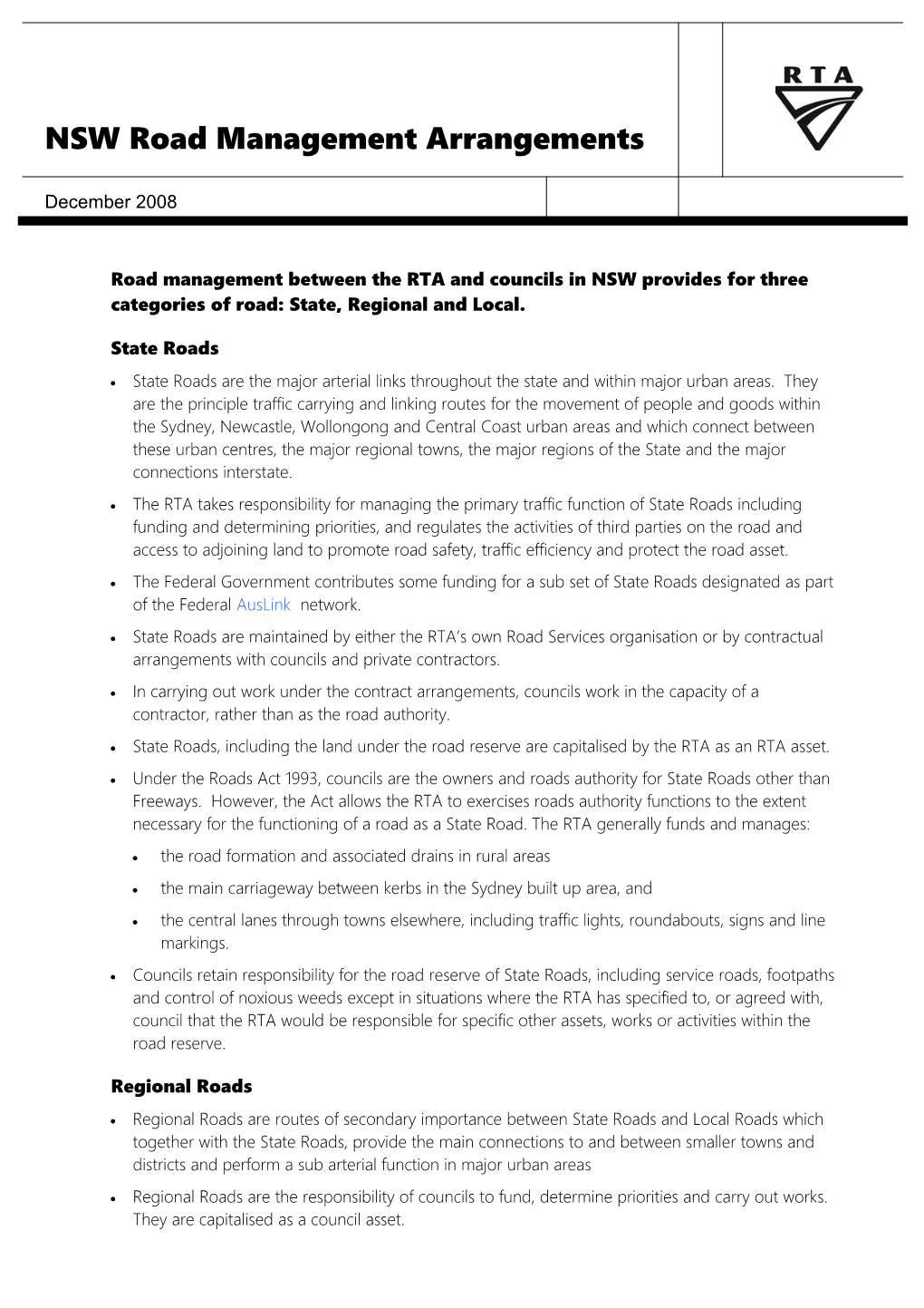 NSW Road Management Arrangements December 2008