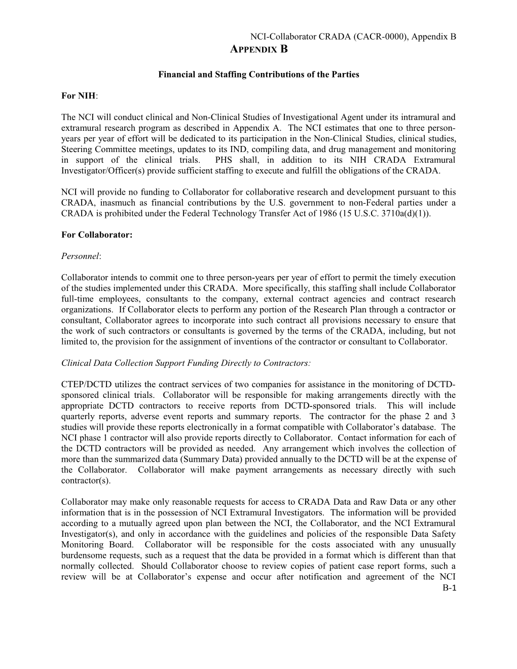 NCI DCTD CRADA Appendix B Model Funding 03-10-2107 V1.0 Revised 10-30-17