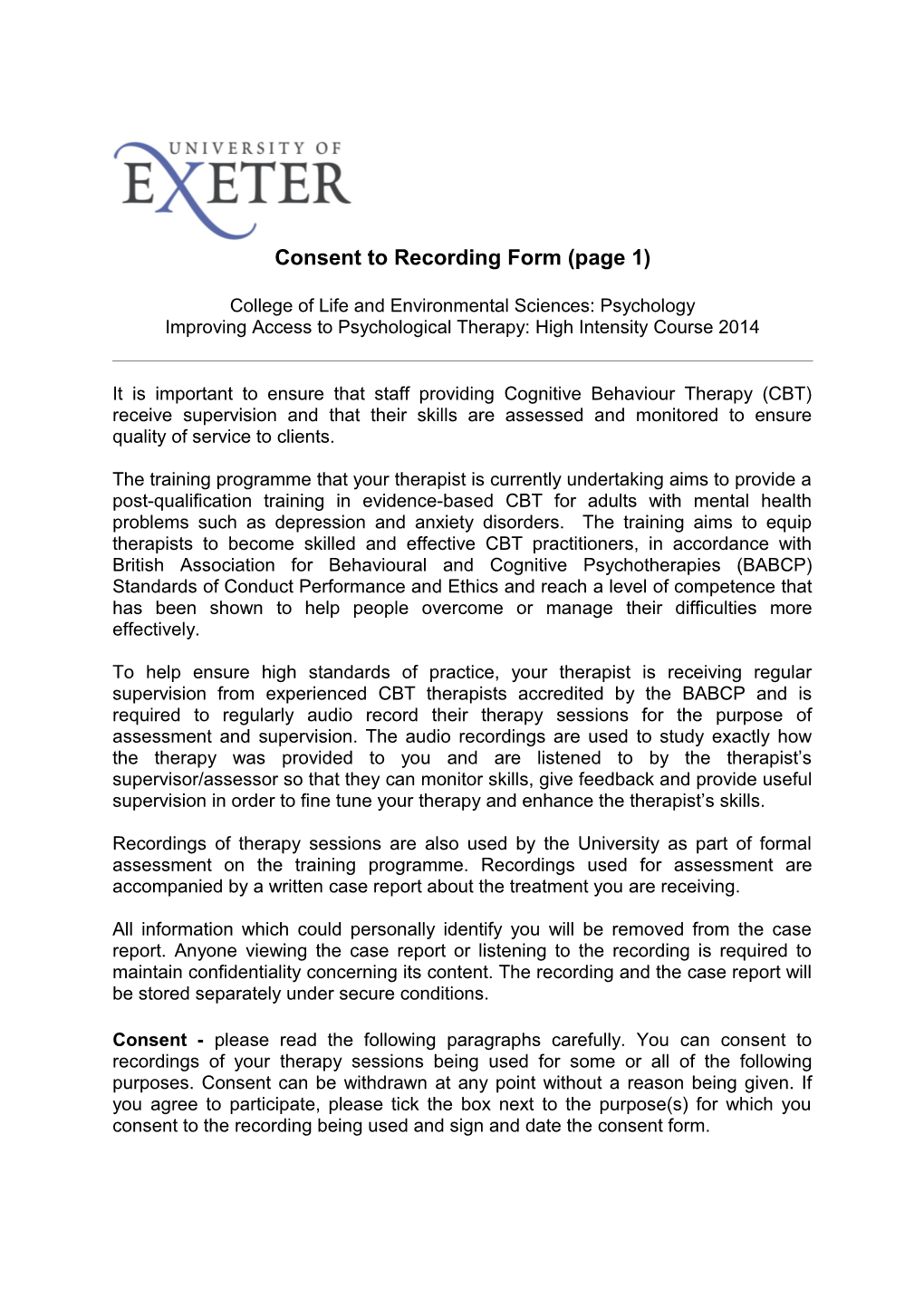 Consent to Recording Form (Page 1)