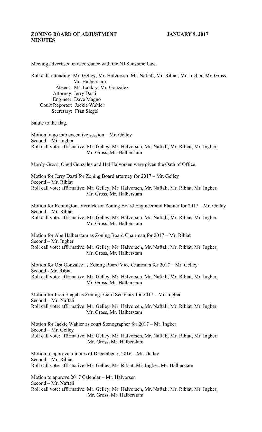 Zoning Board of Adjustment January 9, 2017