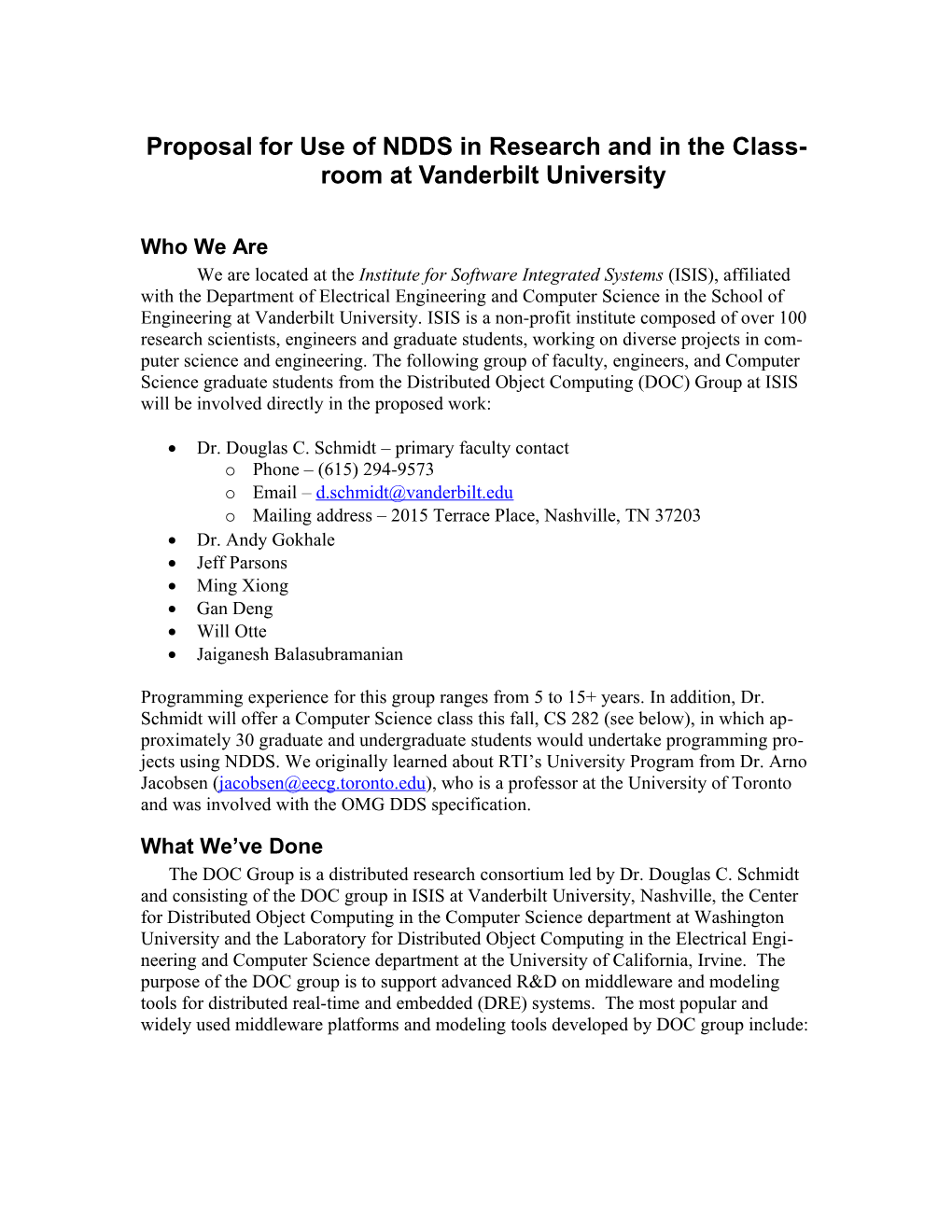 Proposal for Use of NDDS in Research and in the Classroom at Vanderbiltuniversity