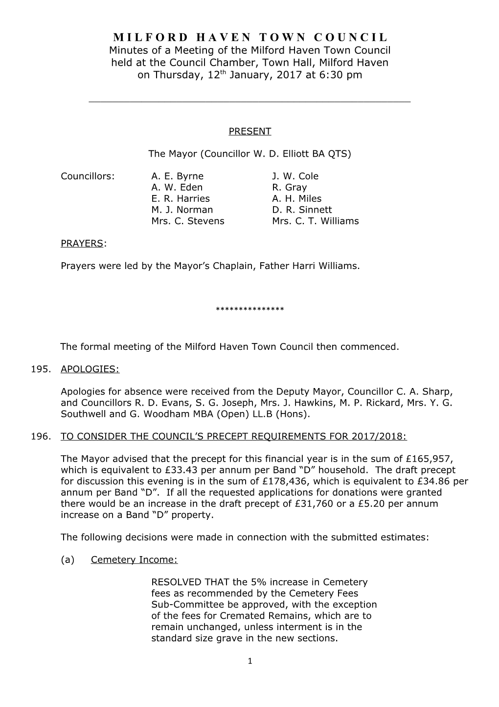 Minutes of a Meeting of the Milford Haven Town Council