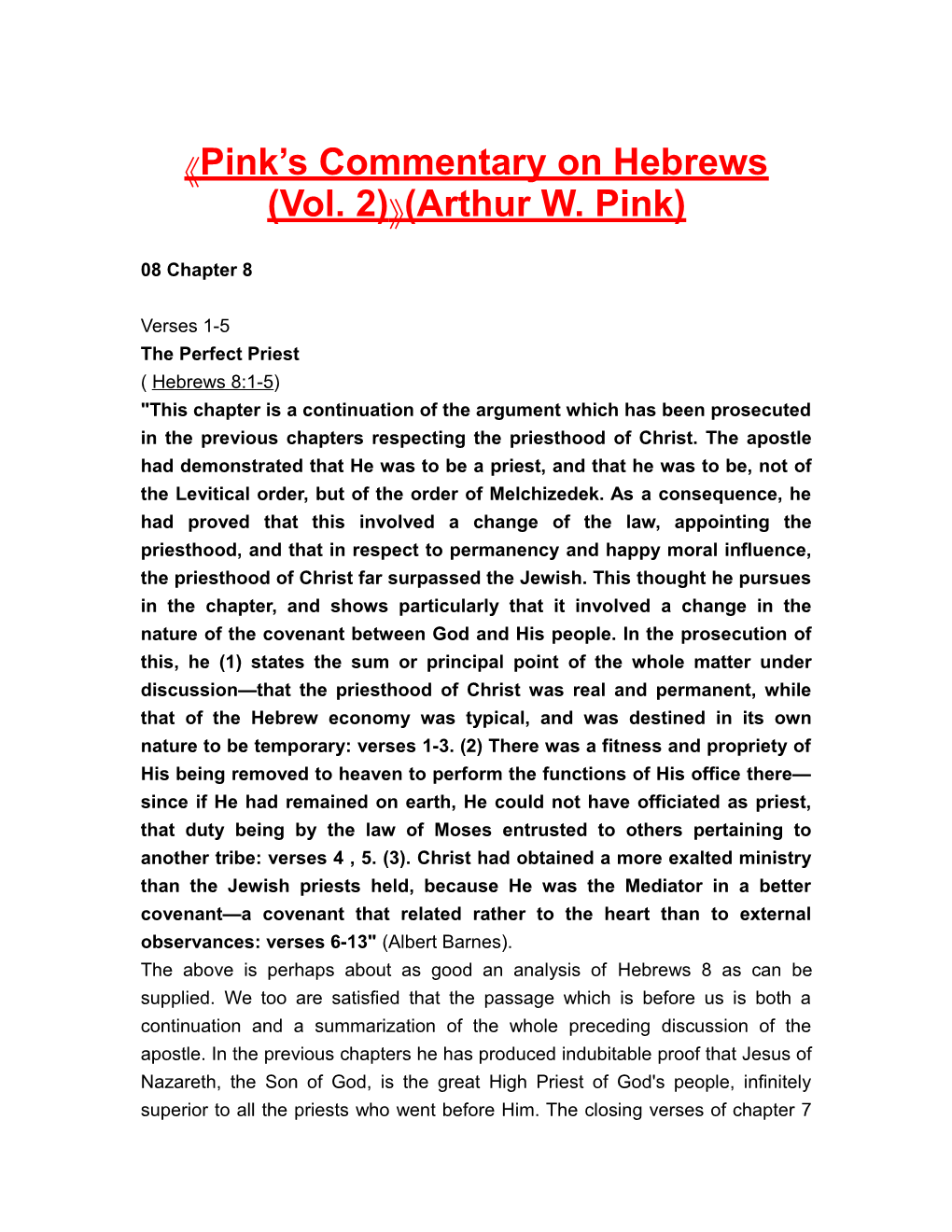 Pink S Commentary on Hebrews (Vol. 2) (Arthur W. Pink)