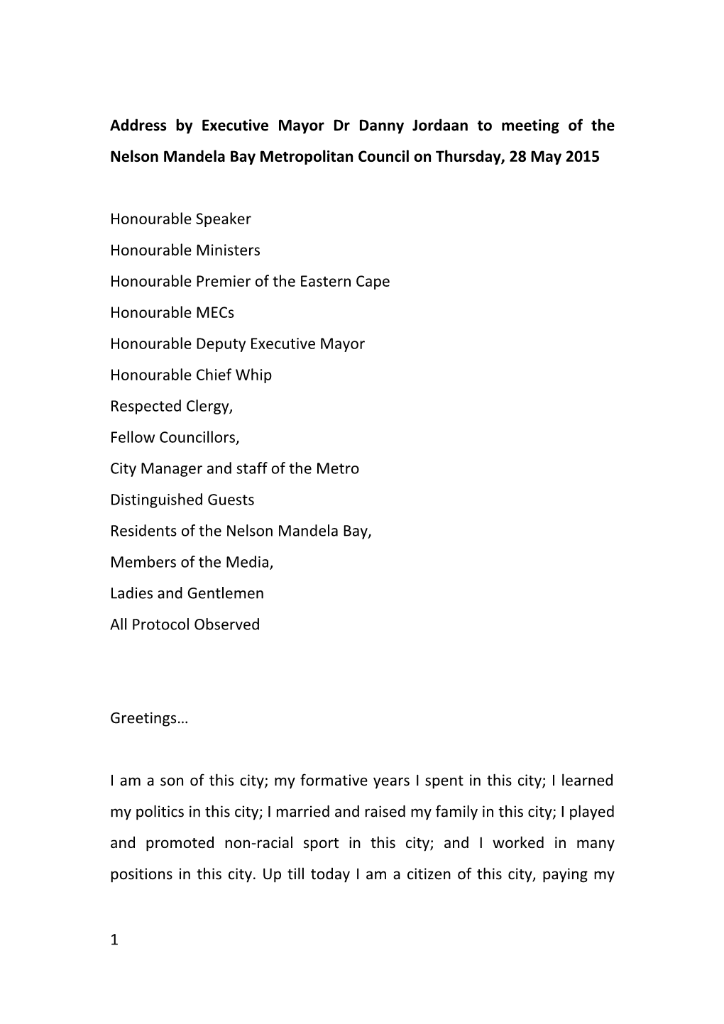 Address by Executive Mayor Dr Danny Jordaan to Meeting of the Nelson Mandela Bay Metropolitan