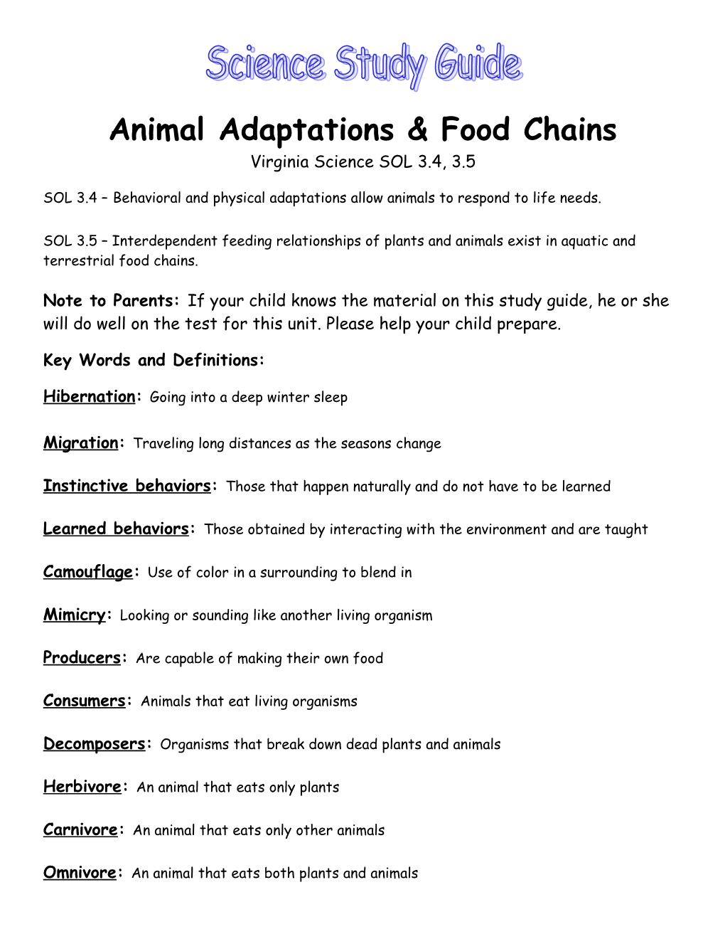 Animal Adaptations & Food Chains