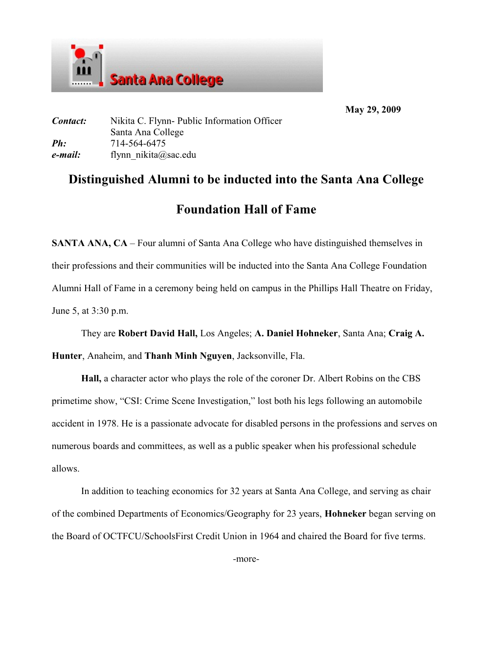 Distinguished Alumni to Be Inducted Into the Santa Ana College Foundation Hall of Fame