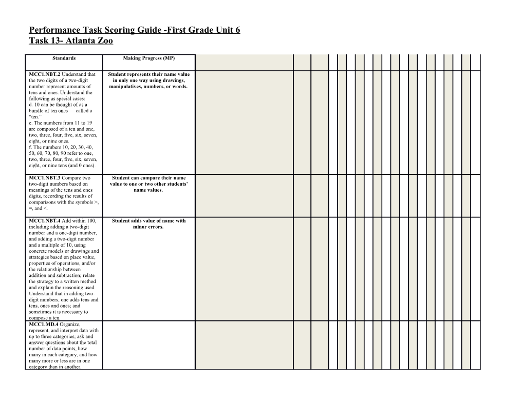 Performance Task Scoring Guide -First Grade Unit 6