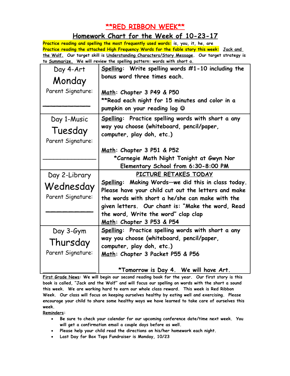 Homework Chart for the Week of 10-23-17