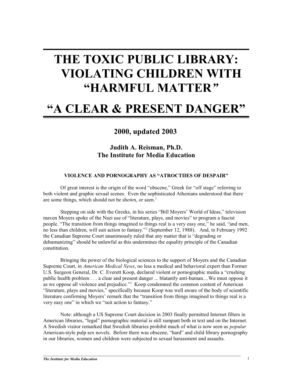 The Toxic American Public Library: Violating Children with Harmful Matter