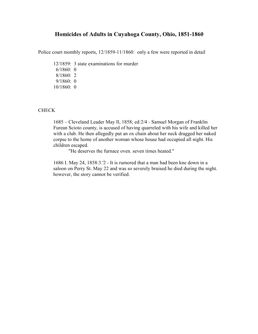 Homicide Worksheets for Cleveland, 1851-1860