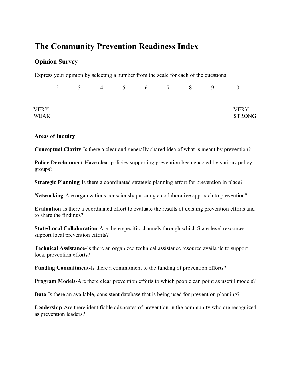 Community Prevention Readiness Index